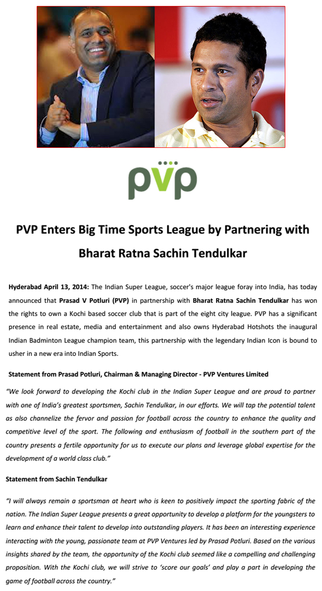 pvp enters big time sports league by partnering with bharat ratna sachin tendulkar,pvp partners sachin  pvp enters big time sports league by partnering with bharat ratna sachin tendulkar, pvp partners sachin